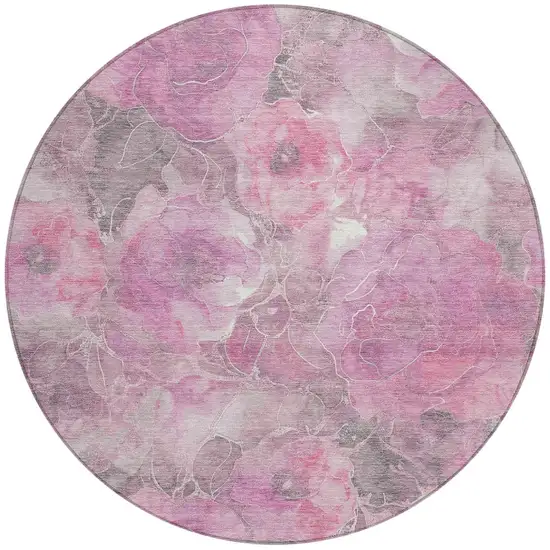8' Pink And Gray Round Floral Washable Indoor Outdoor Area Rug Photo 3
