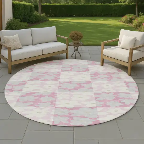8' Pink And Gray Round Floral Washable Indoor Outdoor Area Rug Photo 4