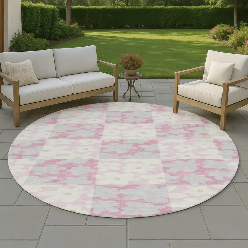8' Pink And Gray Round Floral Washable Indoor Outdoor Area Rug Photo 4