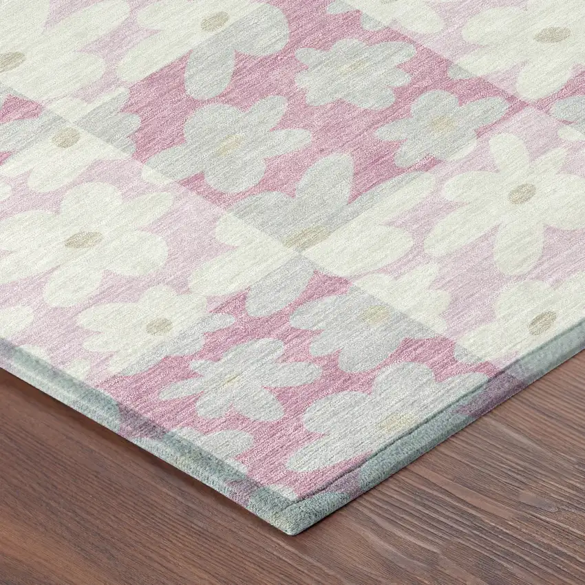 8' Pink And Gray Round Floral Washable Indoor Outdoor Area Rug Photo 6