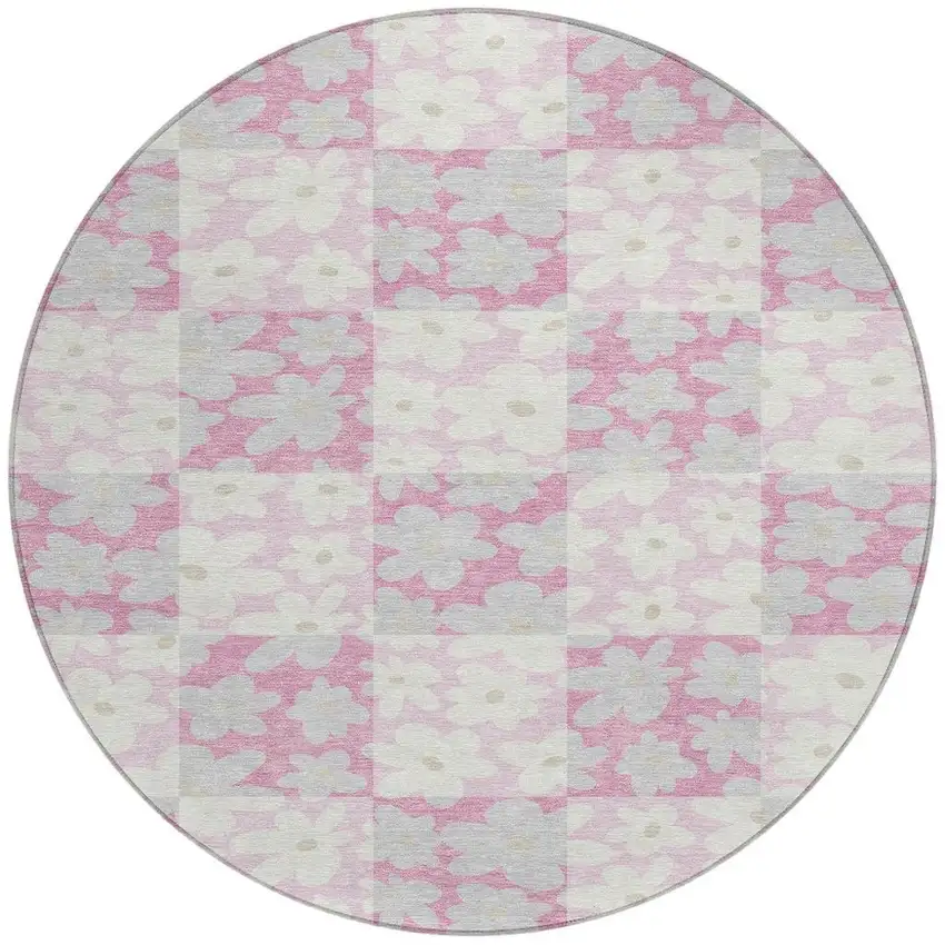8' Pink And Gray Round Floral Washable Indoor Outdoor Area Rug Photo 3