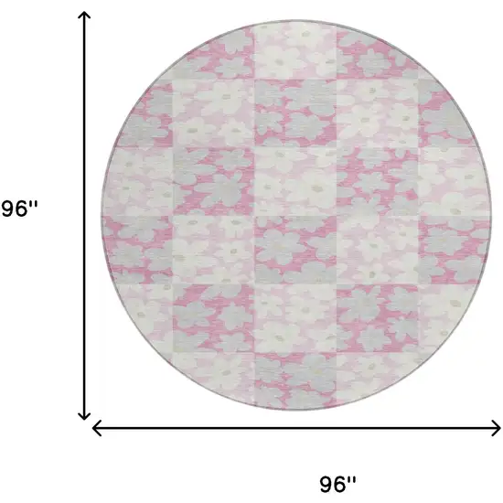 8' Pink And Gray Round Floral Washable Indoor Outdoor Area Rug Photo 8