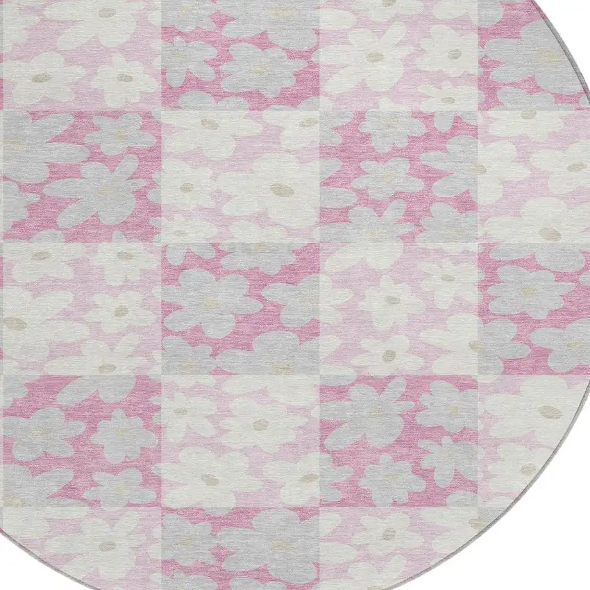8' Pink And Gray Round Floral Washable Indoor Outdoor Area Rug Photo 2