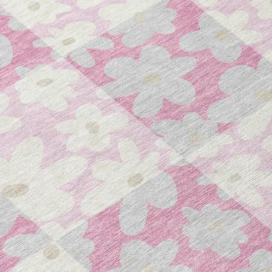 8' Pink And Gray Round Floral Washable Indoor Outdoor Area Rug Photo 7