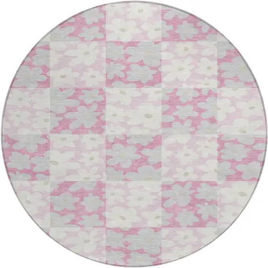 8' Pink And Gray Round Floral Washable Indoor Outdoor Area Rug Photo 1
