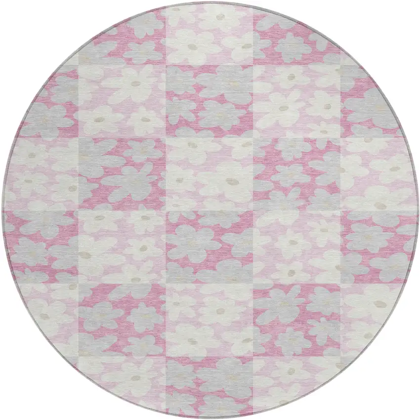 8' Pink And Gray Round Floral Washable Indoor Outdoor Area Rug Photo 1