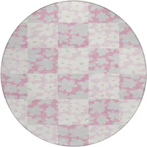 Photo of 8' Pink And Gray Round Floral Washable Indoor Outdoor Area Rug