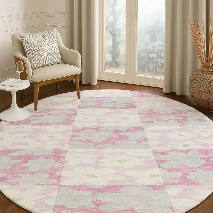 8' Pink And Gray Round Floral Washable Indoor Outdoor Area Rug Photo 5