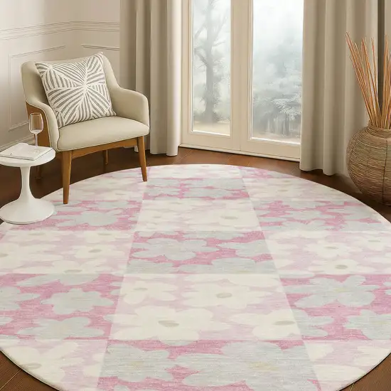 8' Pink And Gray Round Floral Washable Indoor Outdoor Area Rug Photo 5