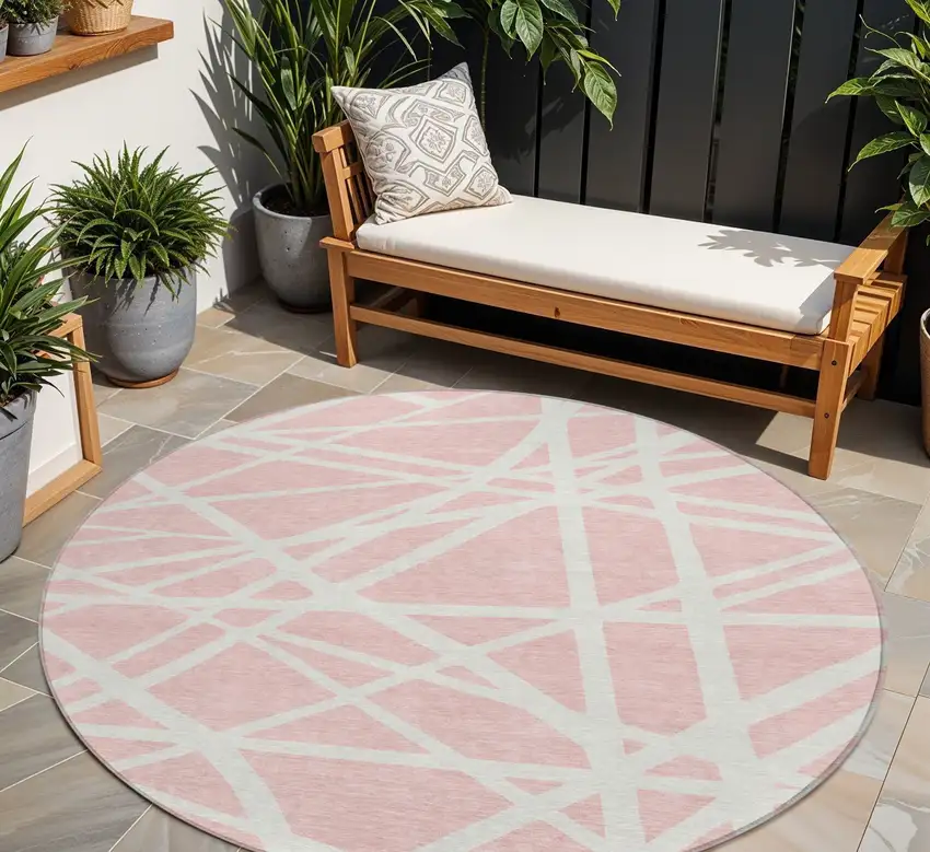 8' Pink And Gray Round Geometric Washable Indoor Outdoor Area Rug Photo 1