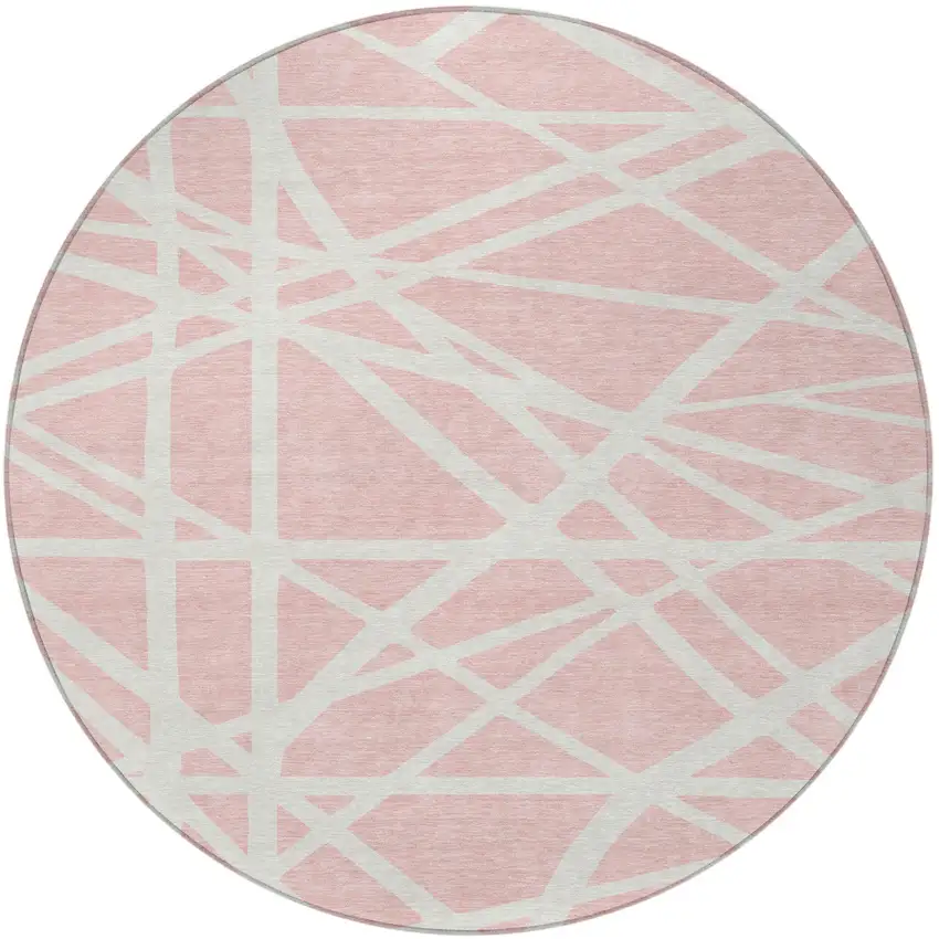 8' Pink And Gray Round Geometric Washable Indoor Outdoor Area Rug Photo 4