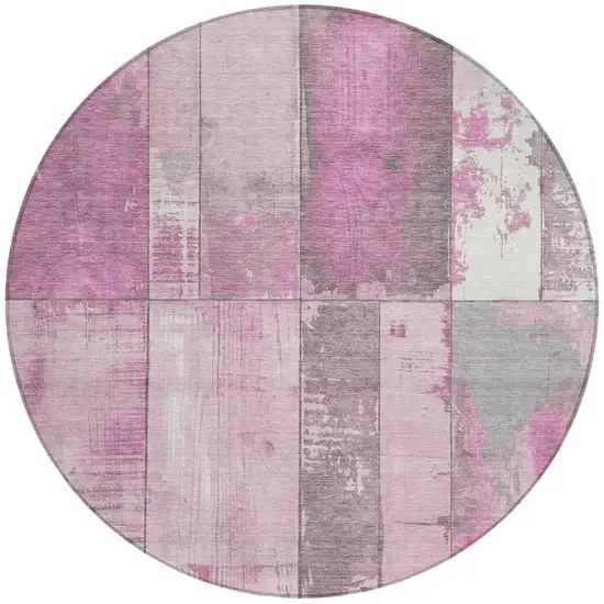 8' Pink And Gray Round Geometric Washable Indoor Outdoor Area Rug Photo 3