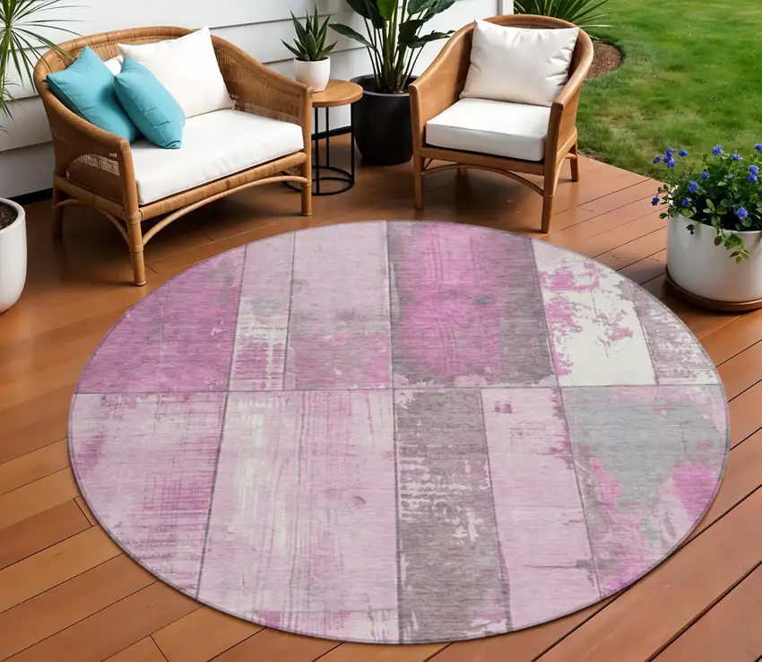8' Pink And Gray Round Geometric Washable Indoor Outdoor Area Rug Photo 2
