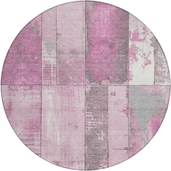 8' Pink And Gray Round Geometric Washable Indoor Outdoor Area Rug Photo 1