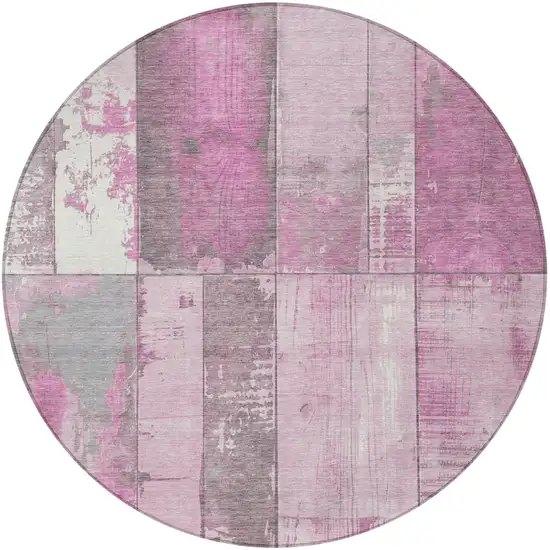 8' Pink And Gray Round Geometric Washable Indoor Outdoor Area Rug Photo 4