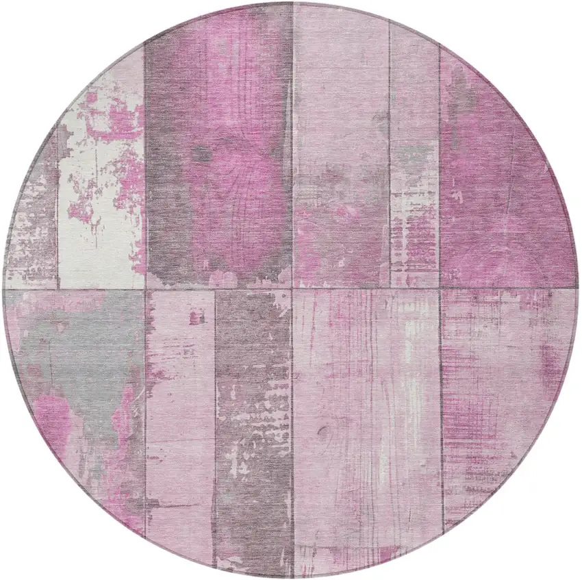 8' Pink And Gray Round Geometric Washable Indoor Outdoor Area Rug Photo 4