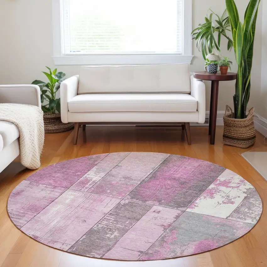 8' Pink And Gray Round Geometric Washable Indoor Outdoor Area Rug Photo 6
