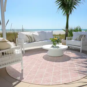Photo of 8' Pink And Gray Round Geometric Washable Indoor Outdoor Area Rug
