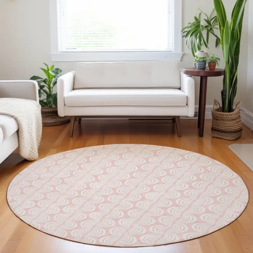 8' Pink And Gray Round Ogee Washable Indoor Outdoor Area Rug Photo 8