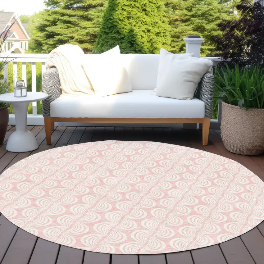 8' Pink And Gray Round Ogee Washable Indoor Outdoor Area Rug Photo 7