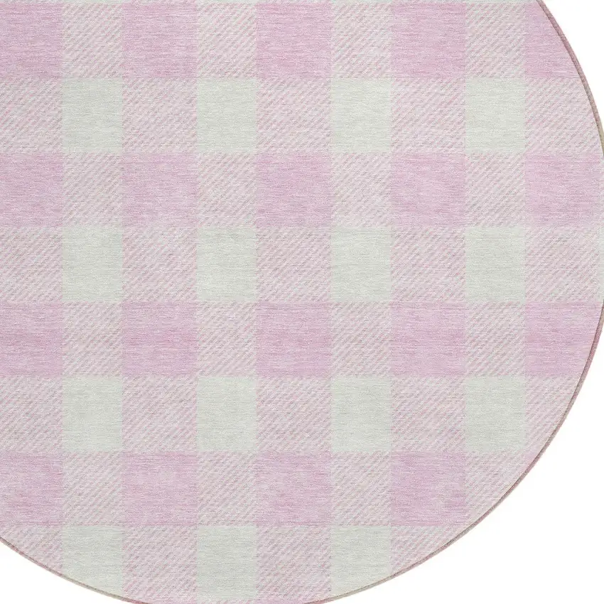 8' Pink And Gray Round Plaid Washable Indoor Outdoor Area Rug Photo 4