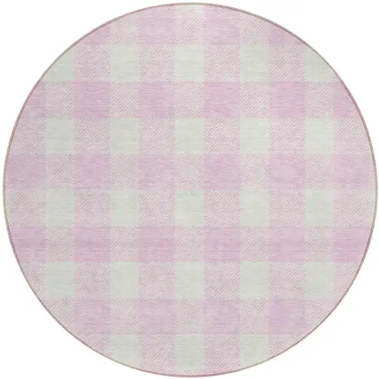 8' Pink And Gray Round Plaid Washable Indoor Outdoor Area Rug Photo 2