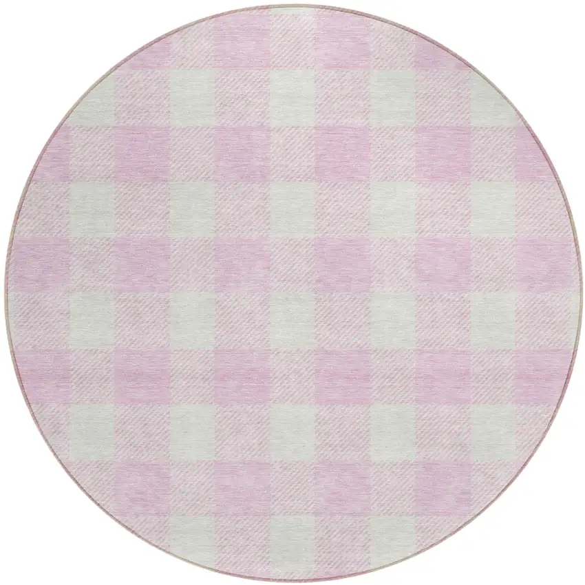 8' Pink And Gray Round Plaid Washable Indoor Outdoor Area Rug Photo 2