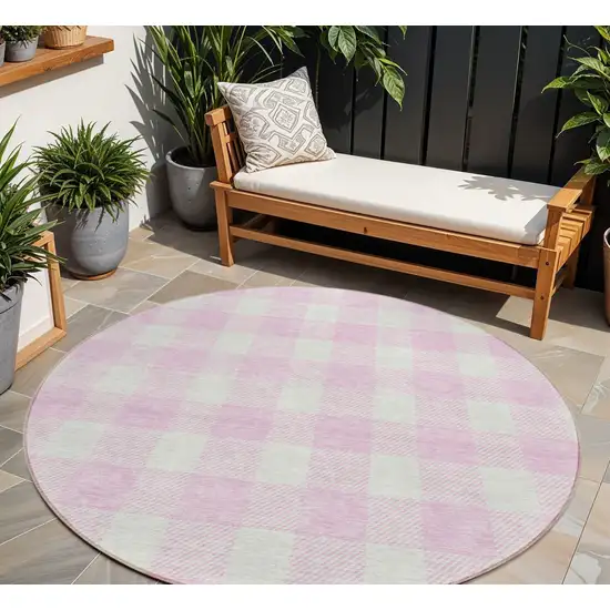 8' Pink And Gray Round Plaid Washable Indoor Outdoor Area Rug Photo 1