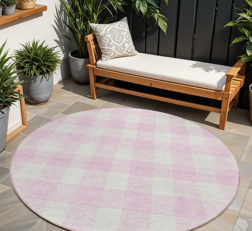 8' Pink And Gray Round Plaid Washable Indoor Outdoor Area Rug Photo 1