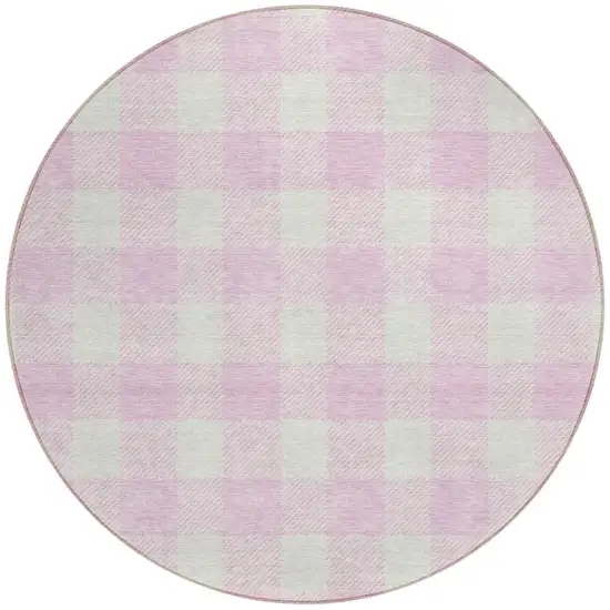 8' Pink And Gray Round Plaid Washable Indoor Outdoor Area Rug Photo 5