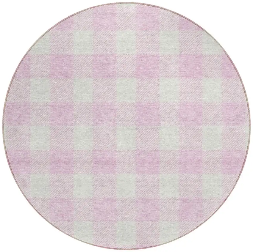 8' Pink And Gray Round Plaid Washable Indoor Outdoor Area Rug Photo 5