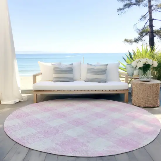 8' Pink And Gray Round Plaid Washable Indoor Outdoor Area Rug Photo 6