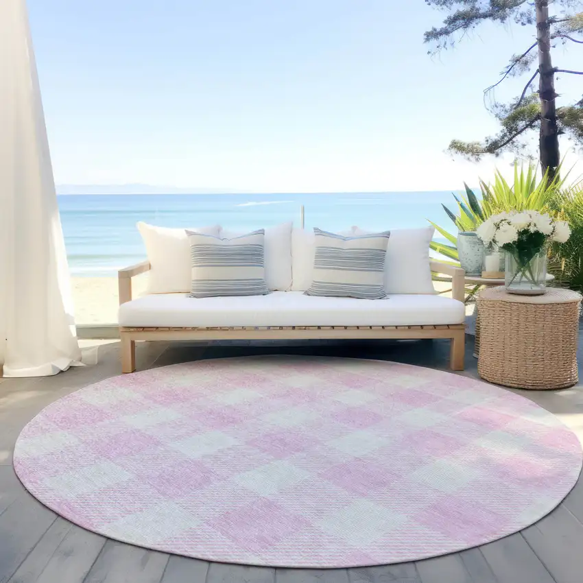 8' Pink And Gray Round Plaid Washable Indoor Outdoor Area Rug Photo 6