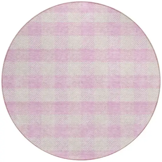 8' Pink And Gray Round Plaid Washable Indoor Outdoor Area Rug Photo 4