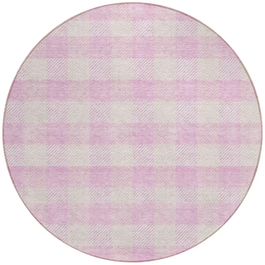 8' Pink And Gray Round Plaid Washable Indoor Outdoor Area Rug Photo 4
