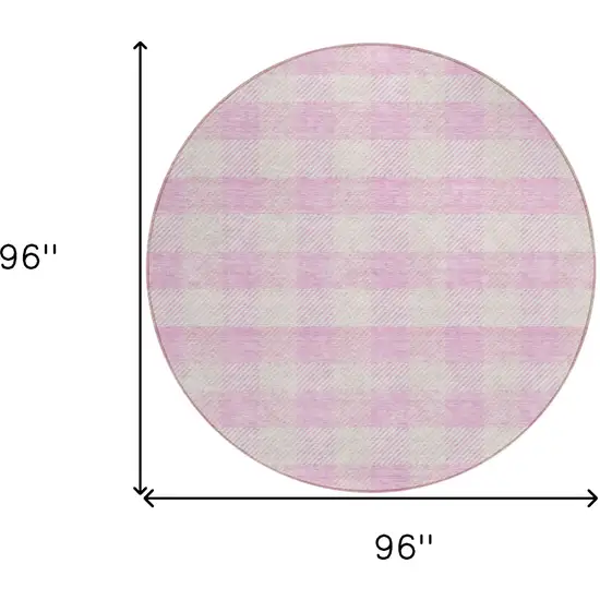 8' Pink And Gray Round Plaid Washable Indoor Outdoor Area Rug Photo 3