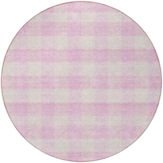 8' Pink And Gray Round Plaid Washable Indoor Outdoor Area Rug Photo 5