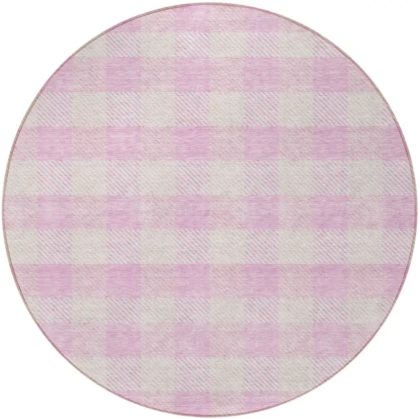 8' Pink And Gray Round Plaid Washable Indoor Outdoor Area Rug Photo 5