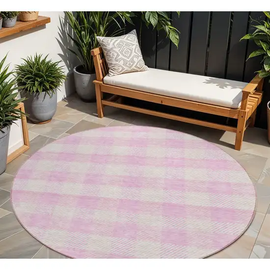8' Pink And Gray Round Plaid Washable Indoor Outdoor Area Rug Photo 1