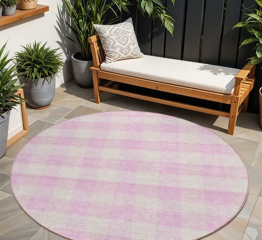 8' Pink And Gray Round Plaid Washable Indoor Outdoor Area Rug Photo 1