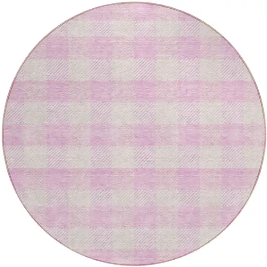 8' Pink And Gray Round Plaid Washable Indoor Outdoor Area Rug Photo 2