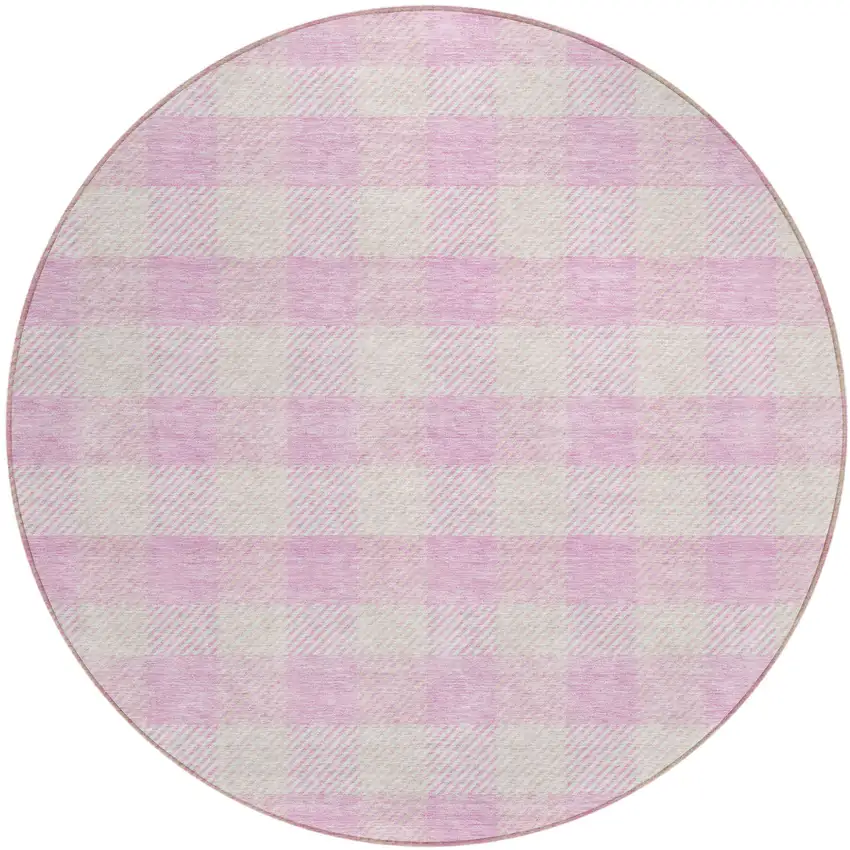 8' Pink And Gray Round Plaid Washable Indoor Outdoor Area Rug Photo 2