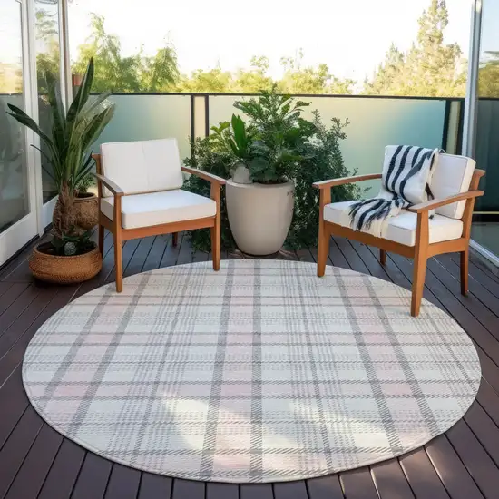 8' Pink And Gray Round Plaid Washable Indoor Outdoor Area Rug Photo 6
