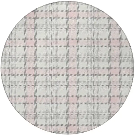 8' Pink And Gray Round Plaid Washable Indoor Outdoor Area Rug Photo 5