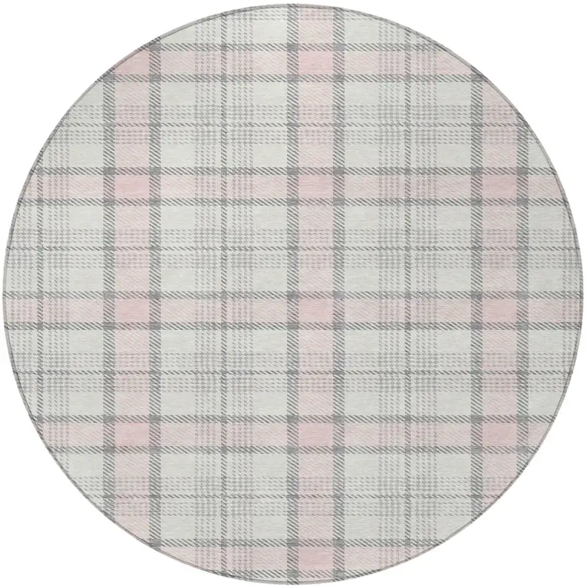 8' Pink And Gray Round Plaid Washable Indoor Outdoor Area Rug Photo 5