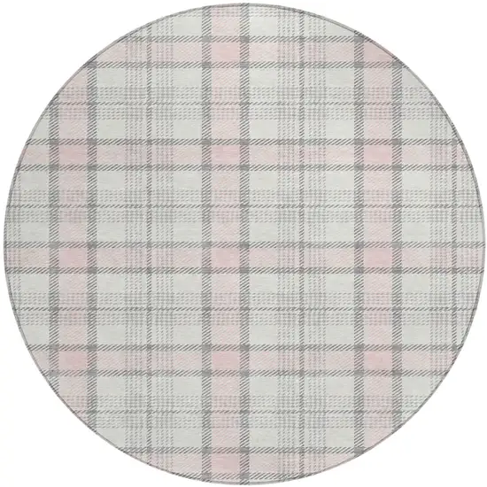 8' Pink And Gray Round Plaid Washable Indoor Outdoor Area Rug Photo 2