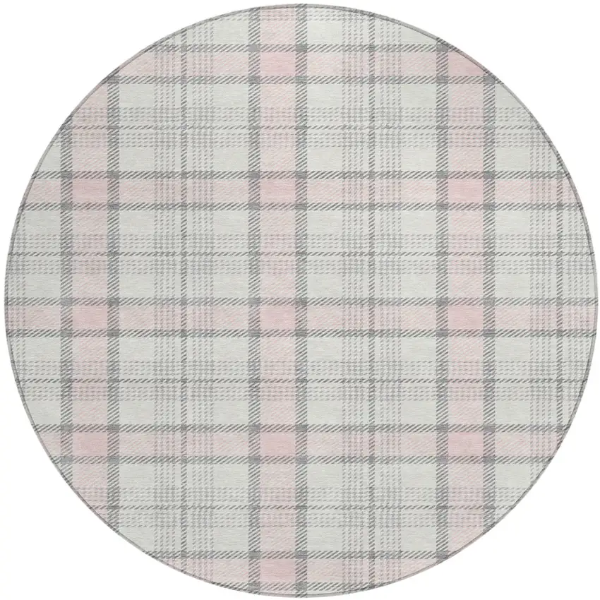 8' Pink And Gray Round Plaid Washable Indoor Outdoor Area Rug Photo 2