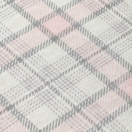 8' Pink And Gray Round Plaid Washable Indoor Outdoor Area Rug Photo 9