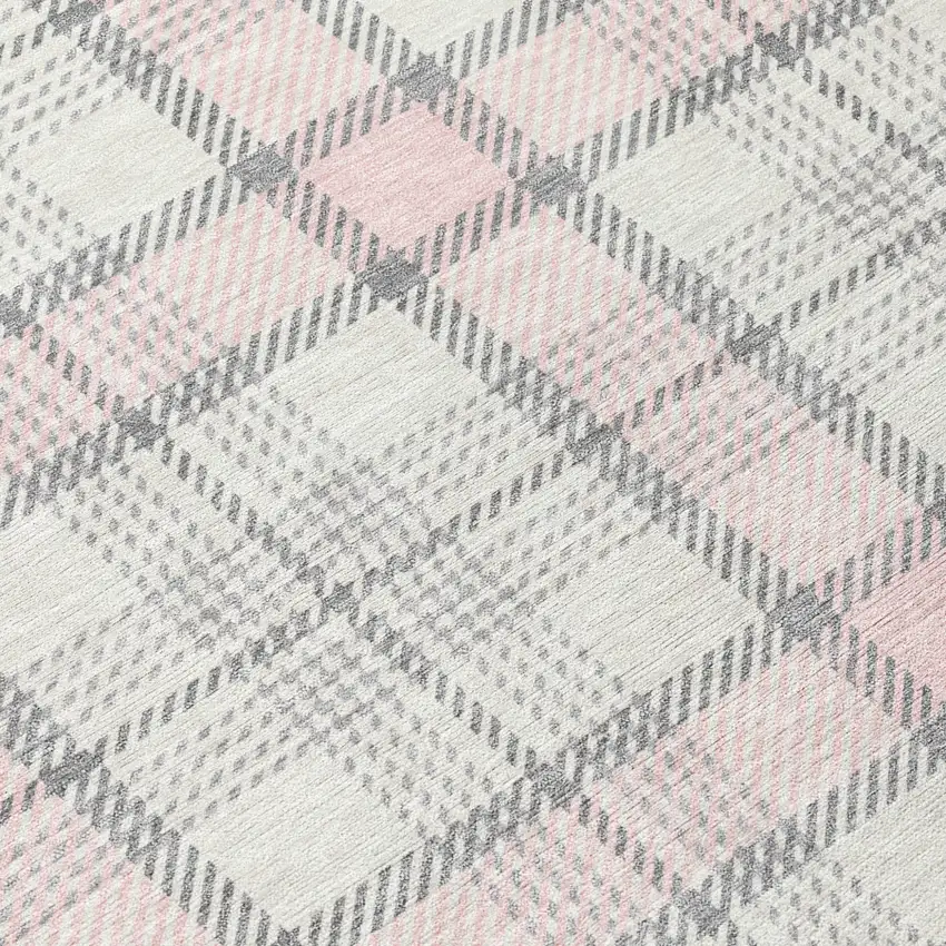 8' Pink And Gray Round Plaid Washable Indoor Outdoor Area Rug Photo 9