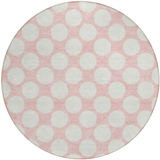 8' Pink And Gray Round Polka Dot Washable Indoor Outdoor Area Rug Photo 2